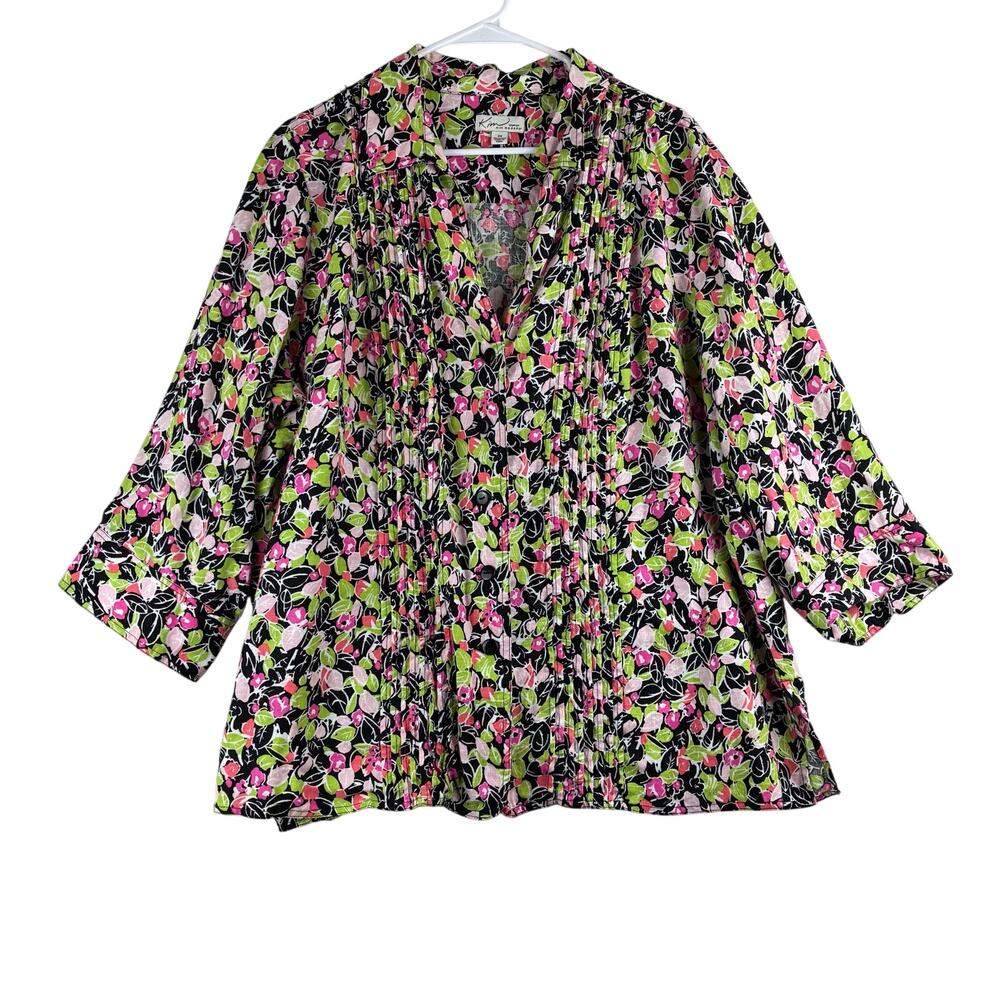 Kim Rogers 100% Linen Floral Button Up Blouse Women's 2X Pleat Front 3/4 Sleeve